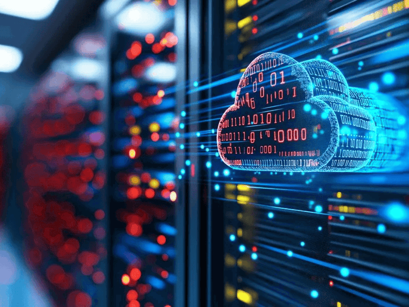 Visual representation of cloud computing, showcasing data storage through cloud symbols and network lines.